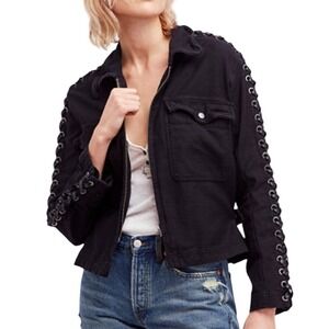 Free People Faye Military Jacket Black Cotton Grommet Lace Up Utility Jacket Sm